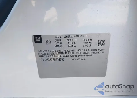 2015 Chevrolet Impala 2Lt z USA, uszkodzony, nr VIN 1G1125S37FU132850